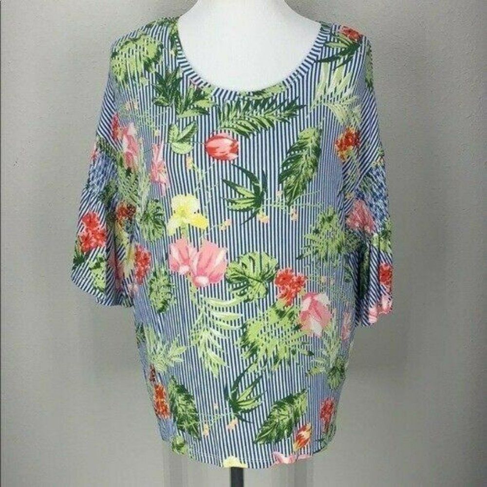 Allison Brittney Floral & Striped Blouse With Flared Sleeves Womens L